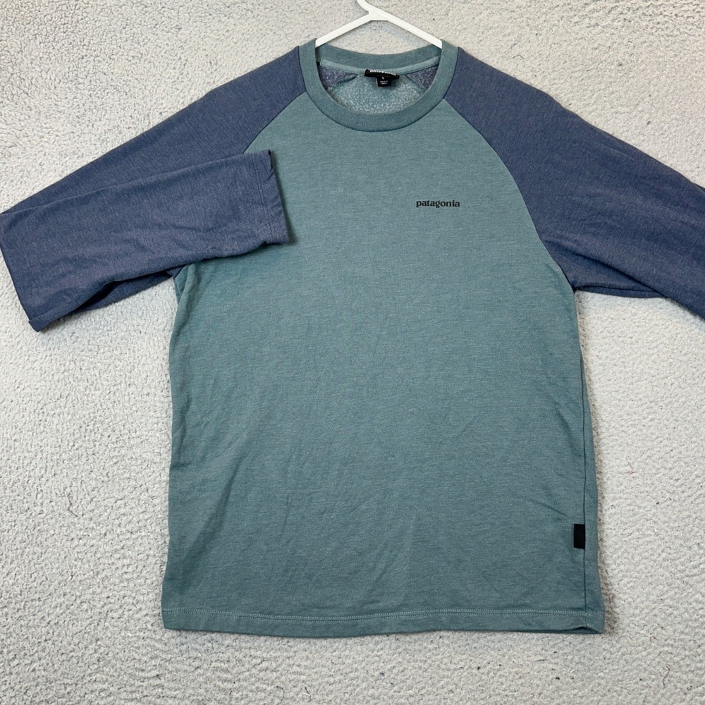 Patagonia Shirt Mens Small Green Blue Graphic Organic Cotton Raglan Sleeve EUC